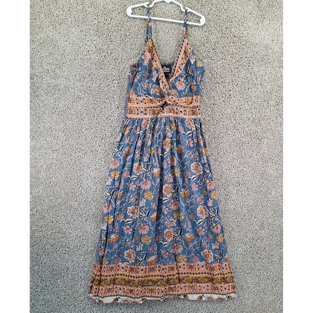 Angie Maxi Dress Women Small Blue Floral V-Neck Smocked Back Boho Summer